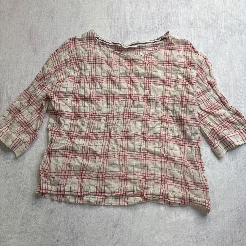 Sita Murt Women’s SZ 40 plaid red beide blouse cotton blend 3/4 sleeve boat neck